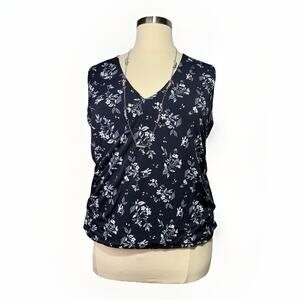 Violets & Roses Sleeveless Blouse 2X Navy White Floral V-Neck Ruched Stretch Top